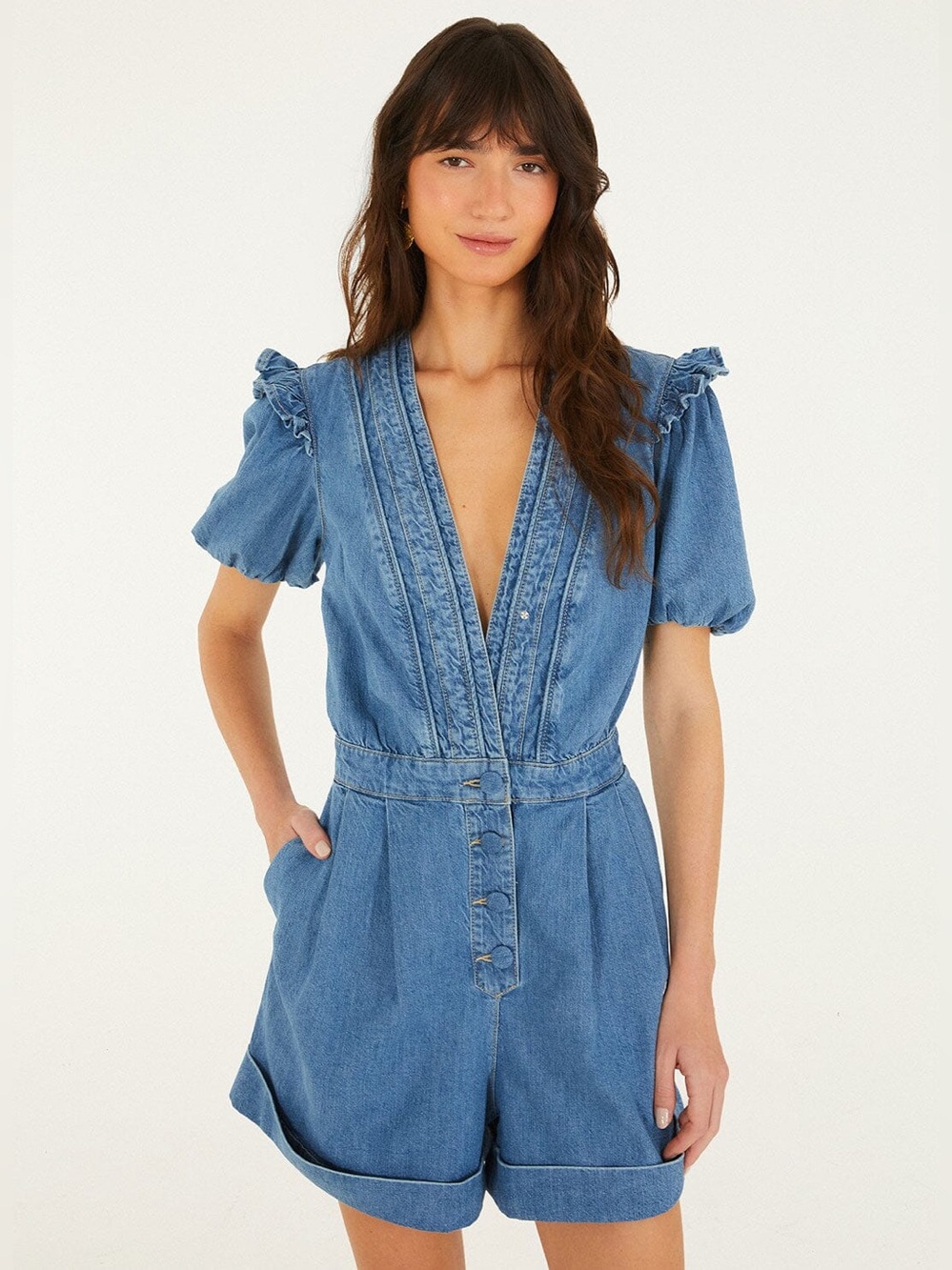 Farm Rio: Denim Ruffled Puff Sleeve Romper - Picture 3 of 10
